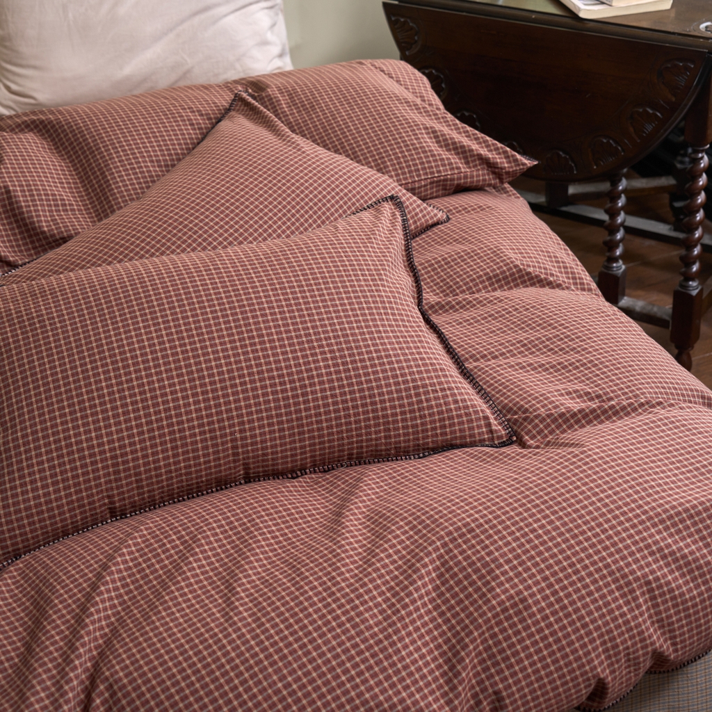 91家纺网 家纺一手货源 找家纺 洋铭区（原狠狠爱） 2026新款色织水洗棉一字边四件套系列 红茶格