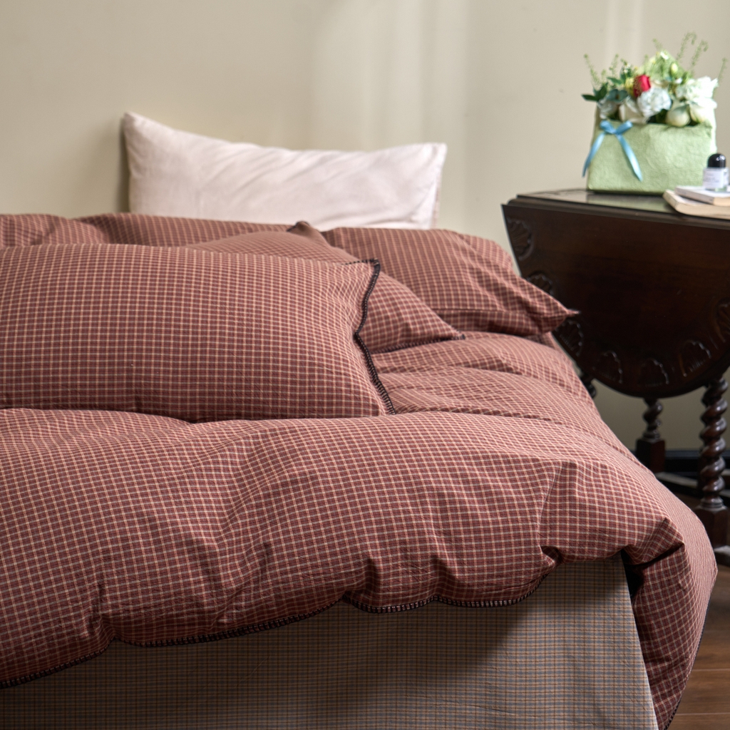 91家纺网 家纺一手货源 找家纺 洋铭区（原狠狠爱） 2026新款色织水洗棉一字边四件套系列 红茶格