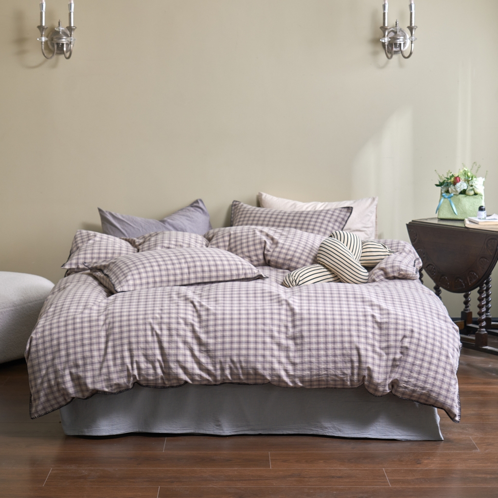 91家纺网 家纺一手货源 找家纺 洋铭区（原狠狠爱） 2026新款色织水洗棉一字边四件套系列 山宇灰格