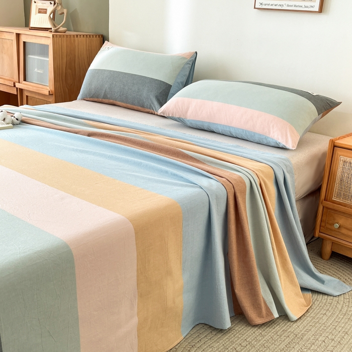 91家纺网 家纺一手货源 找家纺 21度C 2026新款A类全棉水洗棉母婴级床单 七彩条