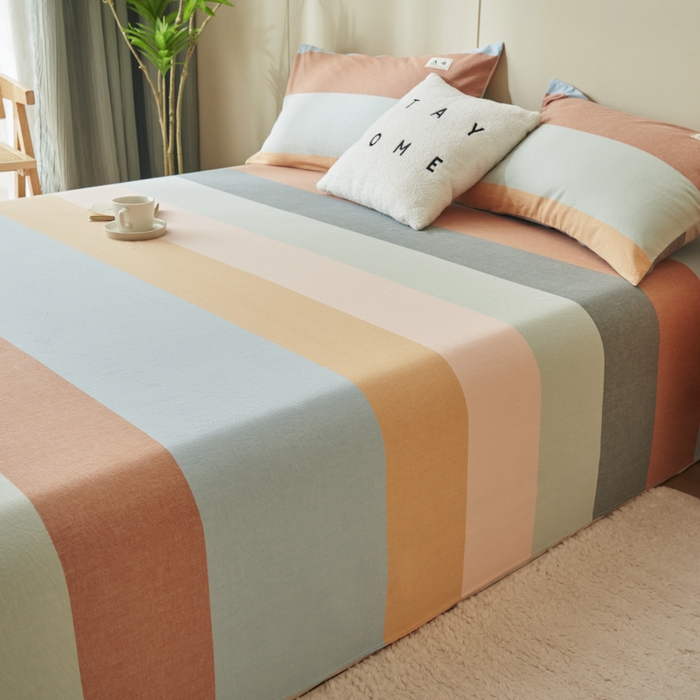 91家纺网 家纺一手货源 找家纺 21度C 2026新款A类全棉水洗棉母婴级床单 七彩条