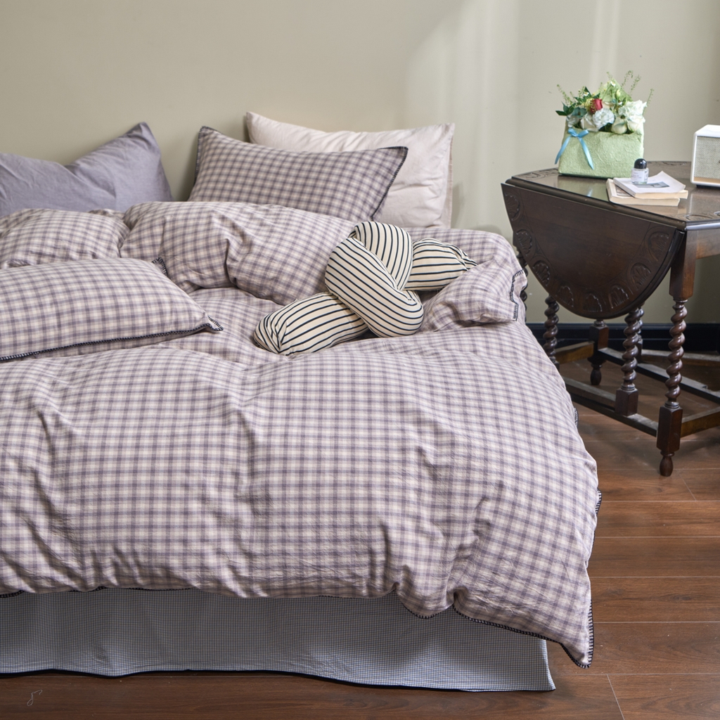 91家纺网 家纺一手货源 找家纺 洋铭区（原狠狠爱） 2026新款色织水洗棉一字边四件套系列 山宇灰格