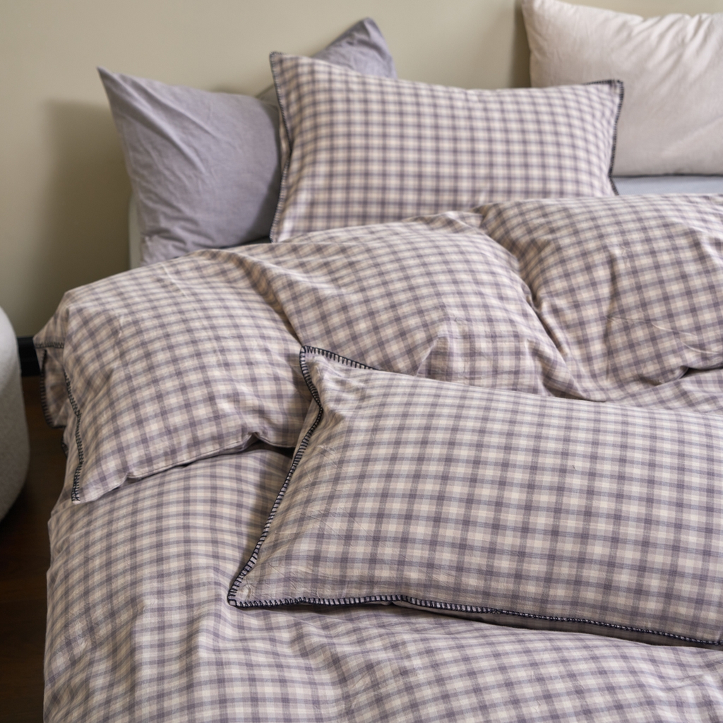 91家纺网 家纺一手货源 找家纺 洋铭区（原狠狠爱） 2026新款色织水洗棉一字边四件套系列 山宇灰格