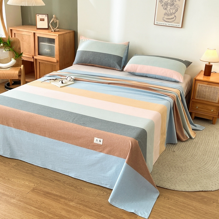 91家纺网 家纺一手货源 找家纺 21度C 2026新款A类全棉水洗棉母婴级床单 七彩条