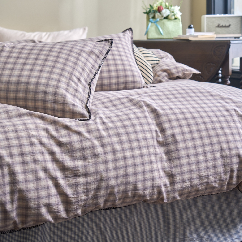 91家纺网 家纺一手货源 找家纺 洋铭区（原狠狠爱） 2026新款色织水洗棉一字边四件套系列 山宇灰格