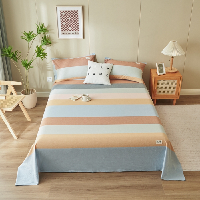 91家纺网 家纺一手货源 找家纺 21度C 2026新款A类全棉水洗棉母婴级床单 七彩条