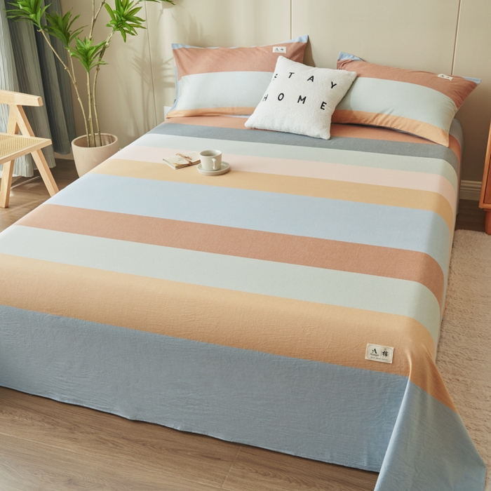 91家纺网 家纺一手货源 找家纺 21度C 2026新款A类全棉水洗棉母婴级床单 七彩条