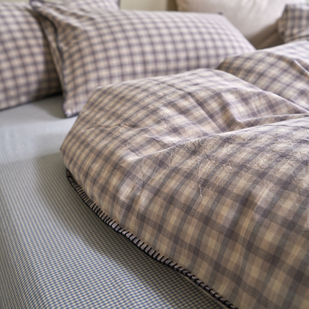 91家纺网 家纺一手货源 找家纺 洋铭区（原狠狠爱） 2026新款色织水洗棉一字边四件套系列 山宇灰格