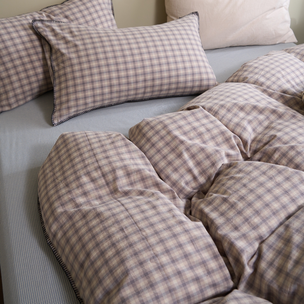 91家纺网 家纺一手货源 找家纺 洋铭区（原狠狠爱） 2026新款色织水洗棉一字边四件套系列 山宇灰格