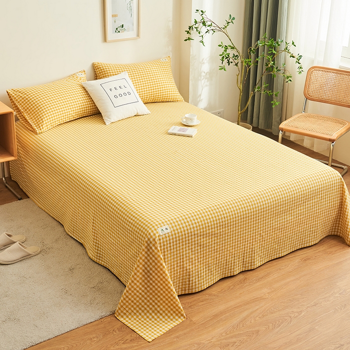 91家纺网 家纺一手货源 找家纺 21度C 2026新款A类全棉水洗棉母婴级床单 浅黄小格