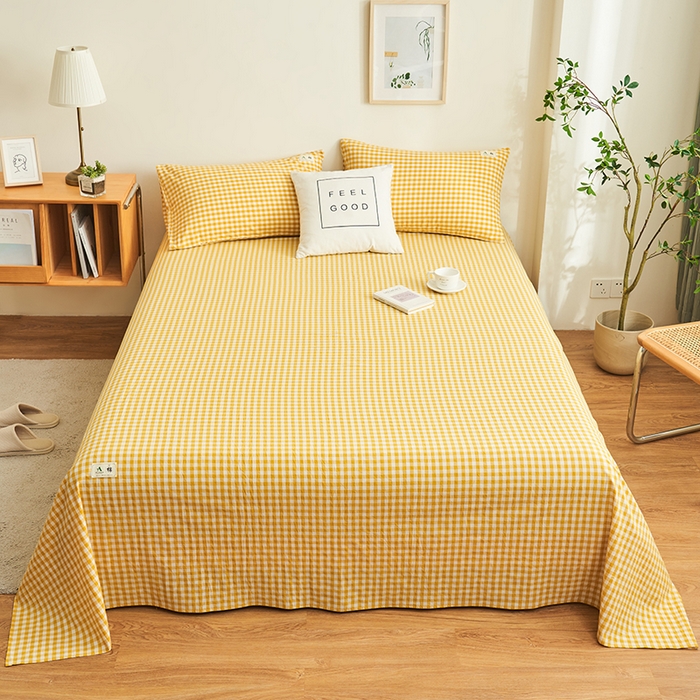 91家纺网 家纺一手货源 找家纺 21度C 2026新款A类全棉水洗棉母婴级床单 浅黄小格