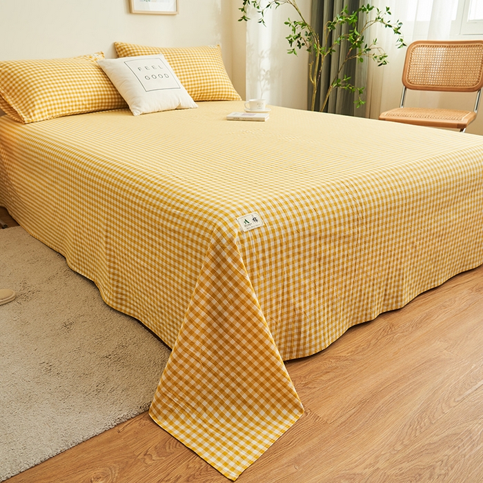 91家纺网 家纺一手货源 找家纺 21度C 2026新款A类全棉水洗棉母婴级床单 浅黄小格