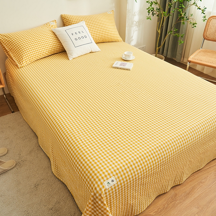 91家纺网 家纺一手货源 找家纺 21度C 2026新款A类全棉水洗棉母婴级床单 浅黄小格