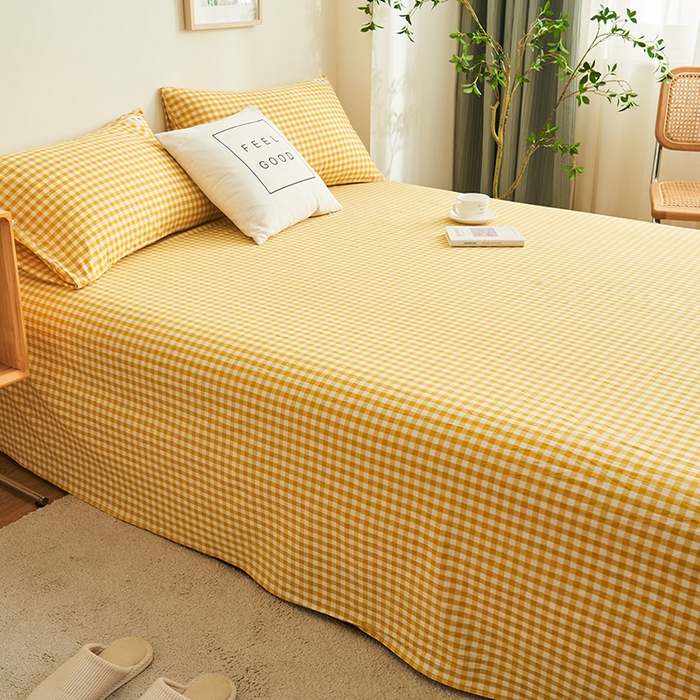 91家纺网 家纺一手货源 找家纺 21度C 2026新款A类全棉水洗棉母婴级床单 浅黄小格