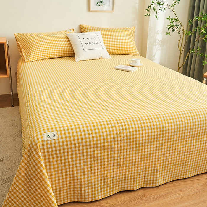 91家纺网 家纺一手货源 找家纺 21度C 2026新款A类全棉水洗棉母婴级床单 浅黄小格