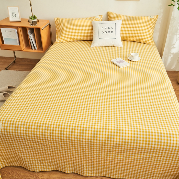 91家纺网 家纺一手货源 找家纺 21度C 2026新款A类全棉水洗棉母婴级床单 浅黄小格