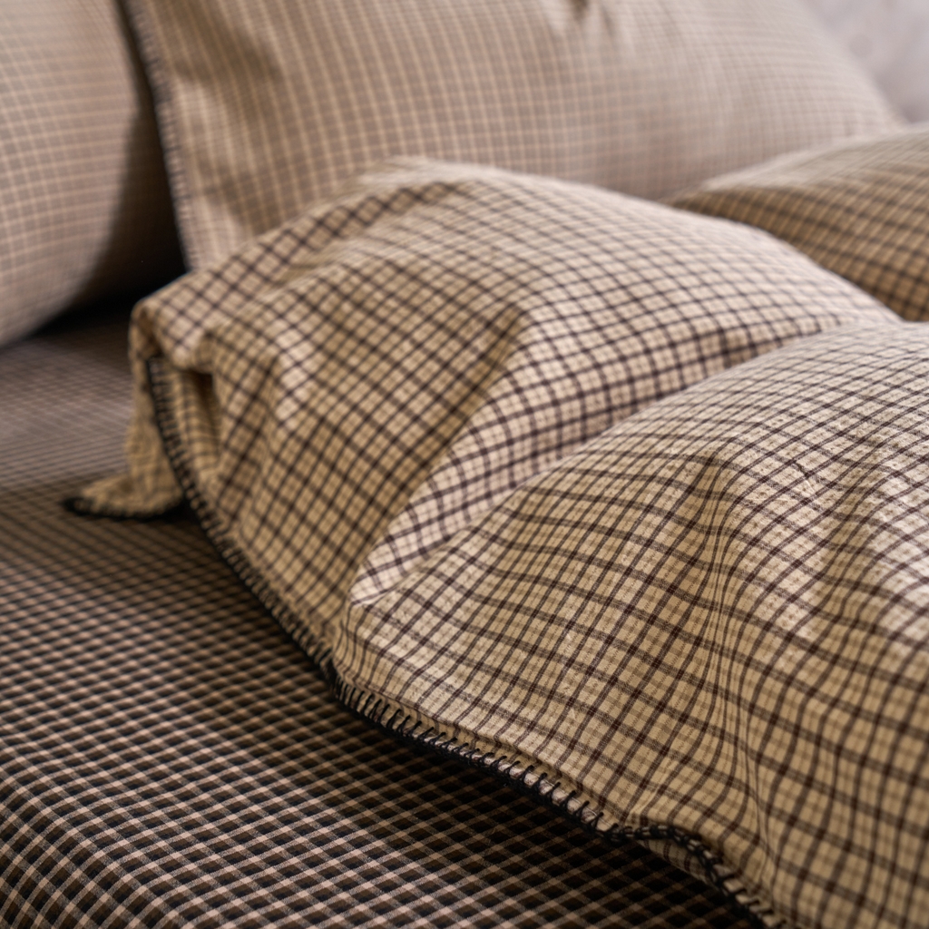 91家纺网 家纺一手货源 找家纺 洋铭区（原狠狠爱） 2026新款色织水洗棉一字边四件套系列 杏仁米格