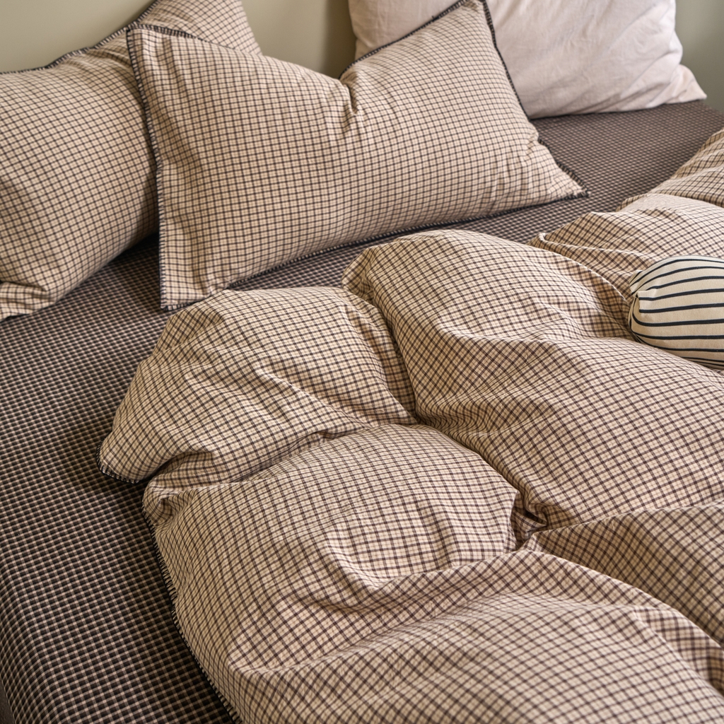 91家纺网 家纺一手货源 找家纺 洋铭区（原狠狠爱） 2026新款色织水洗棉一字边四件套系列 杏仁米格