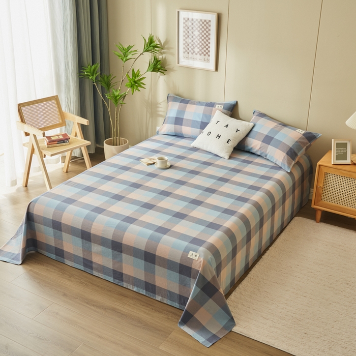 91家纺网 家纺一手货源 找家纺 21度C 2026新款A类全棉水洗棉母婴级床单 青蓝格