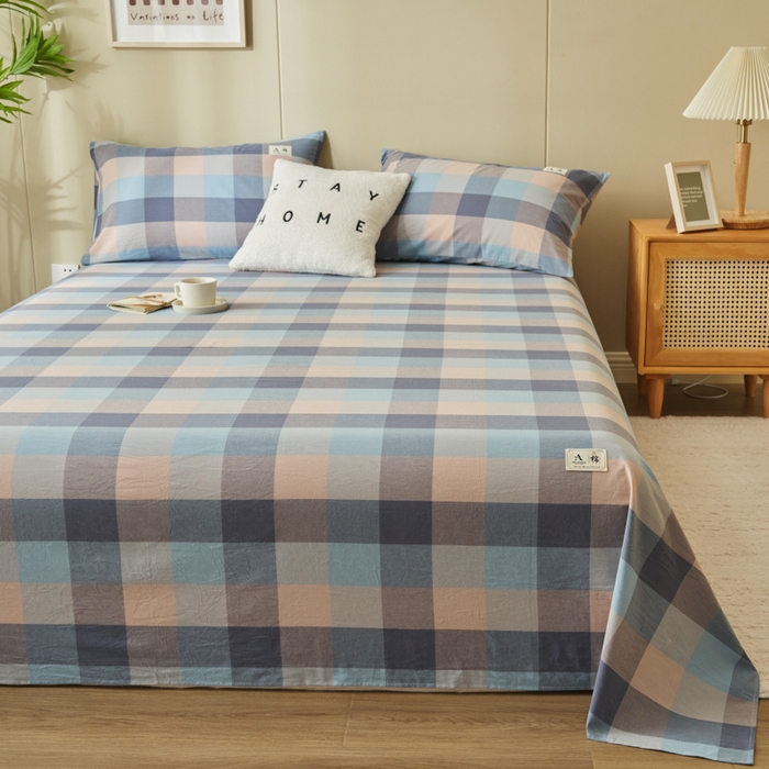 91家纺网 家纺一手货源 找家纺 21度C 2026新款A类全棉水洗棉母婴级床单 青蓝格