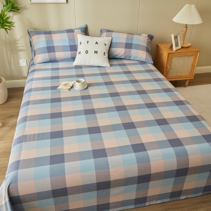 91家纺网 家纺一手货源 找家纺 21度C 2026新款A类全棉水洗棉母婴级床单 青蓝格