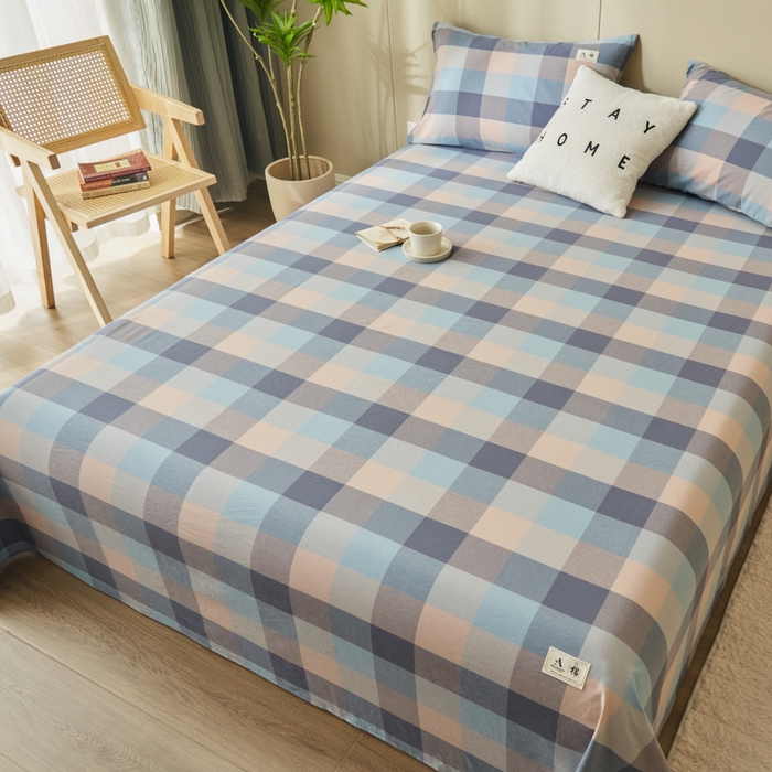 91家纺网 家纺一手货源 找家纺 21度C 2026新款A类全棉水洗棉母婴级床单 青蓝格