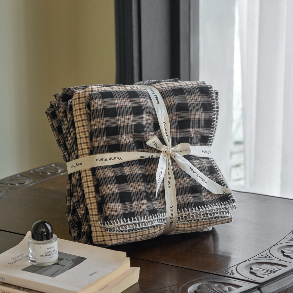 洋铭区（原狠狠爱） 2026新款色织水洗棉一字边四件套系列 烟幕黑格