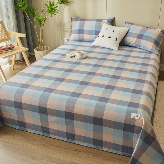 91家纺网 家纺一手货源 找家纺 21度C 2026新款A类全棉水洗棉母婴级床单 青蓝格