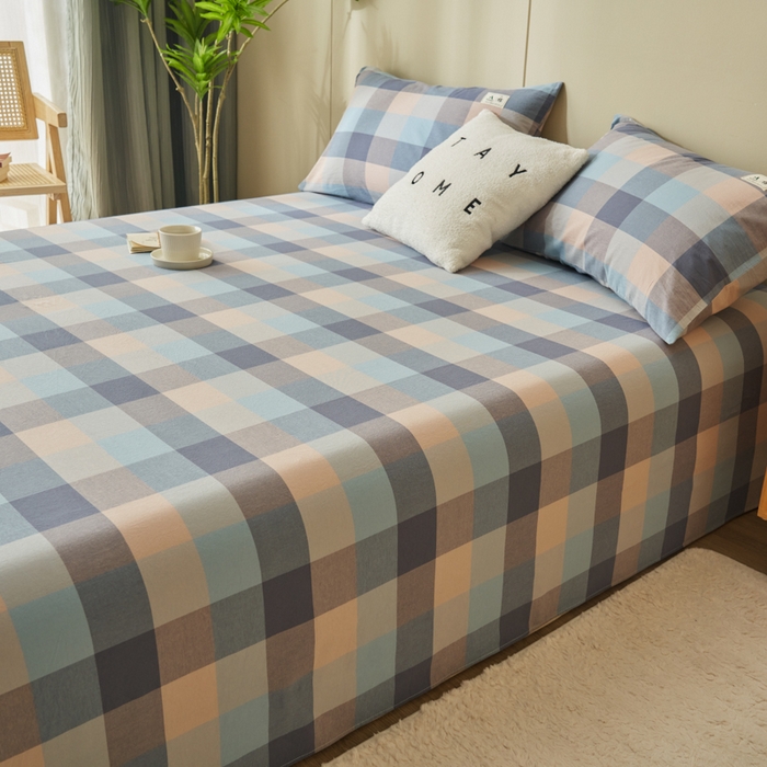 91家纺网 家纺一手货源 找家纺 21度C 2026新款A类全棉水洗棉母婴级床单 青蓝格