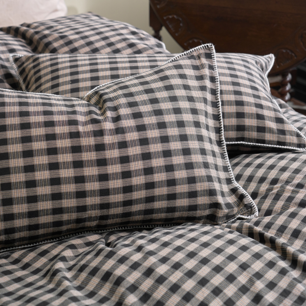 91家纺网 家纺一手货源 找家纺 洋铭区（原狠狠爱） 2026新款色织水洗棉一字边四件套系列 烟幕黑格