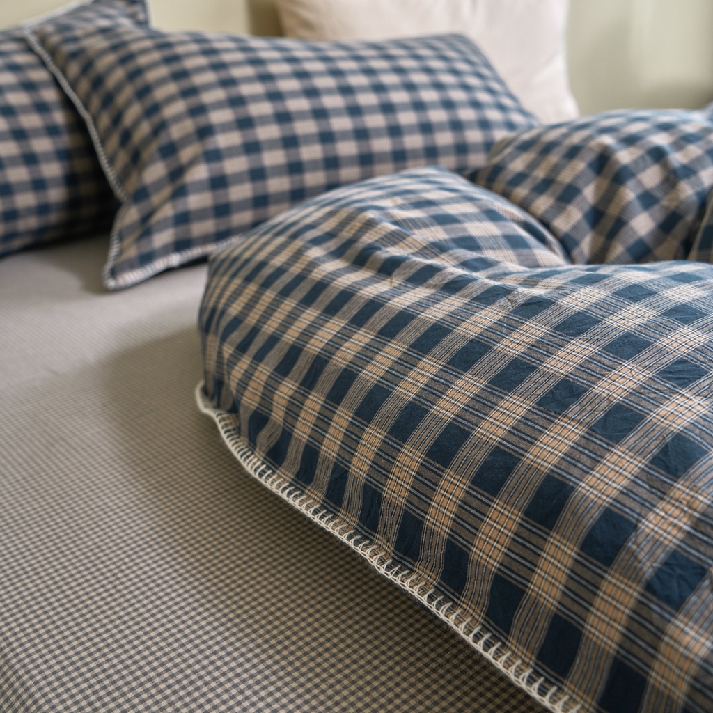 91家纺网 家纺一手货源 找家纺 洋铭区（原狠狠爱） 2026新款色织水洗棉一字边四件套系列 烟幕蓝格