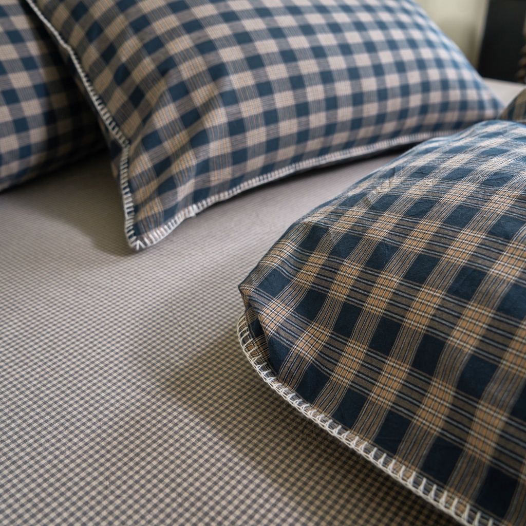 91家纺网 家纺一手货源 找家纺 洋铭区（原狠狠爱） 2026新款色织水洗棉一字边四件套系列 烟幕蓝格