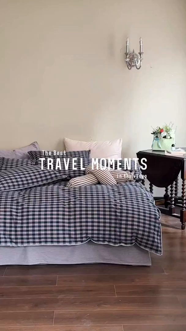 91家纺网 家纺一手货源 找家纺 洋铭区（原狠狠爱） 2026新款色织水洗棉一字边四件套系列 烟幕蓝格