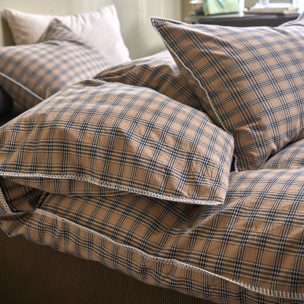 91家纺网 家纺一手货源 找家纺 洋铭区（原狠狠爱） 2026新款色织水洗棉一字边四件套系列 烟幕棕格