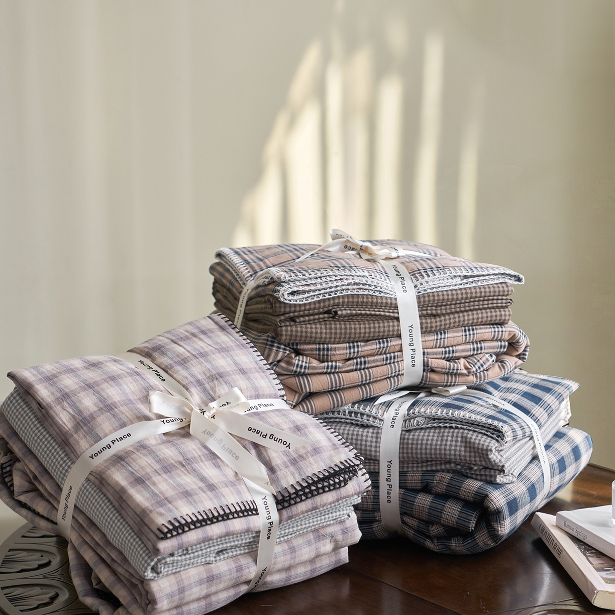 91家纺网 家纺一手货源 找家纺 洋铭区（原狠狠爱） 2026新款色织水洗棉一字边四件套系列 组合