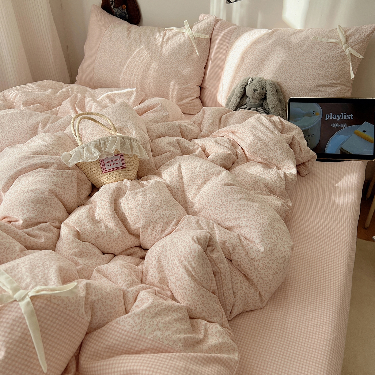 91家纺网 家纺一手货源 找家纺 （总）初夏家纺 2026 公主风蝴蝶结A类古法水洗仿棉四件套床上用品三件套被套床单【提供买家秀】