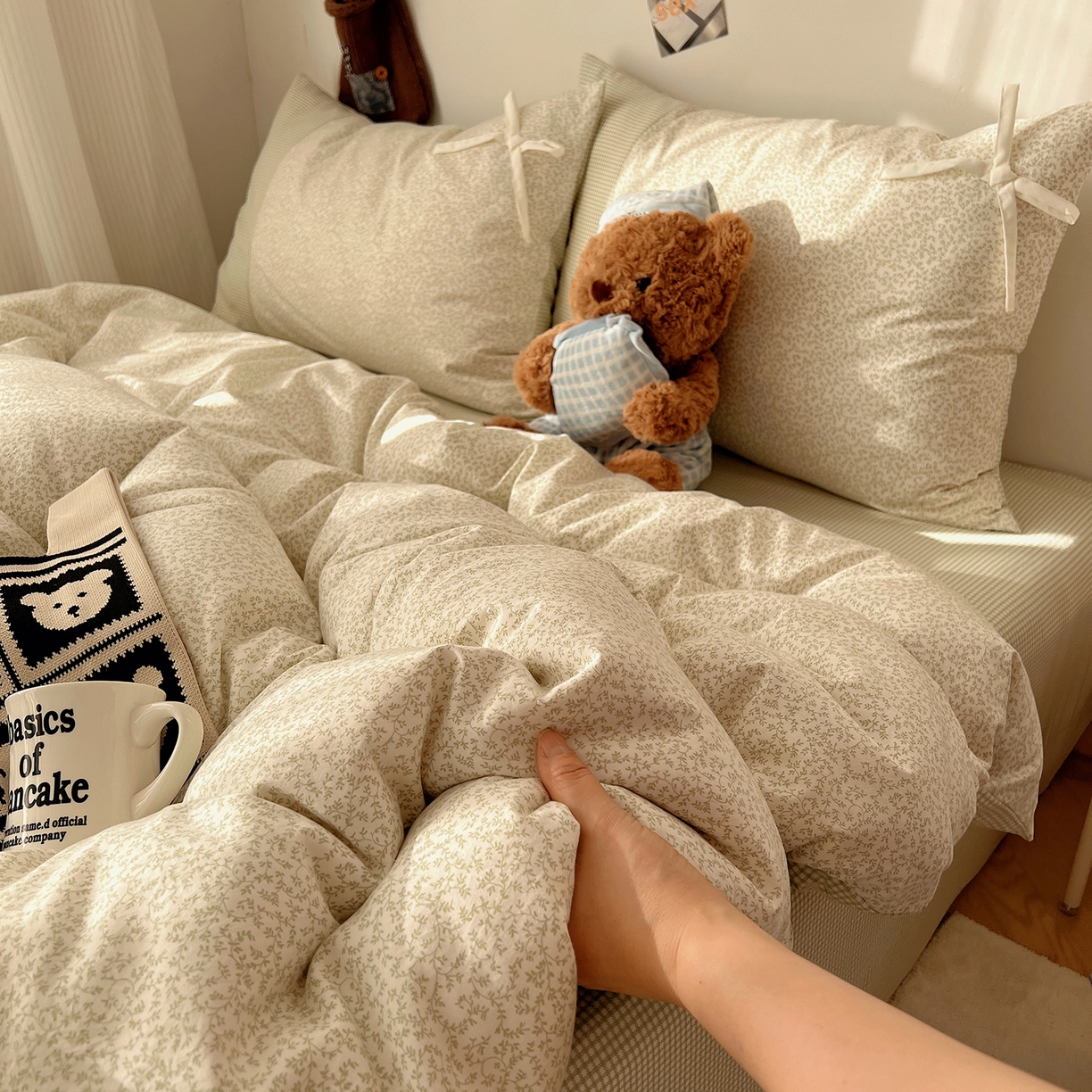 91家纺网 家纺一手货源 找家纺 初夏家纺 2026 公主风蝴蝶结A类古法水洗仿棉四件套床上用品三件套被套床单【提供买家秀】 公主蝴蝶结-绿