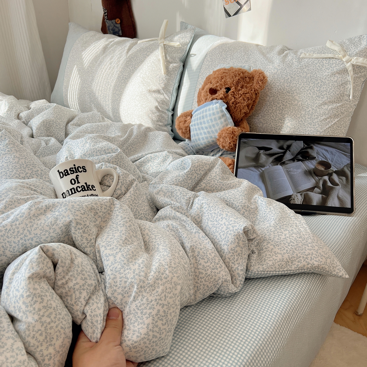 91家纺网 家纺一手货源 找家纺 初夏家纺 2026 公主风蝴蝶结A类古法水洗仿棉四件套床上用品三件套被套床单【提供买家秀】 公主蝴蝶结-蓝