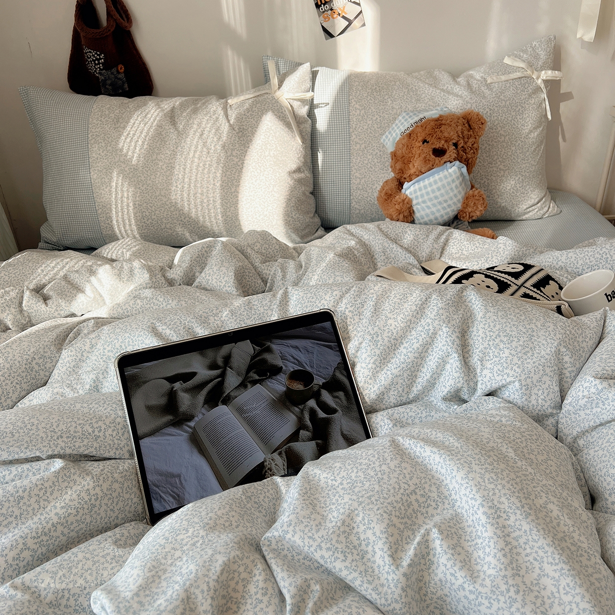 91家纺网 家纺一手货源 找家纺 初夏家纺 2026 公主风蝴蝶结A类古法水洗仿棉四件套床上用品三件套被套床单【提供买家秀】 公主蝴蝶结-蓝