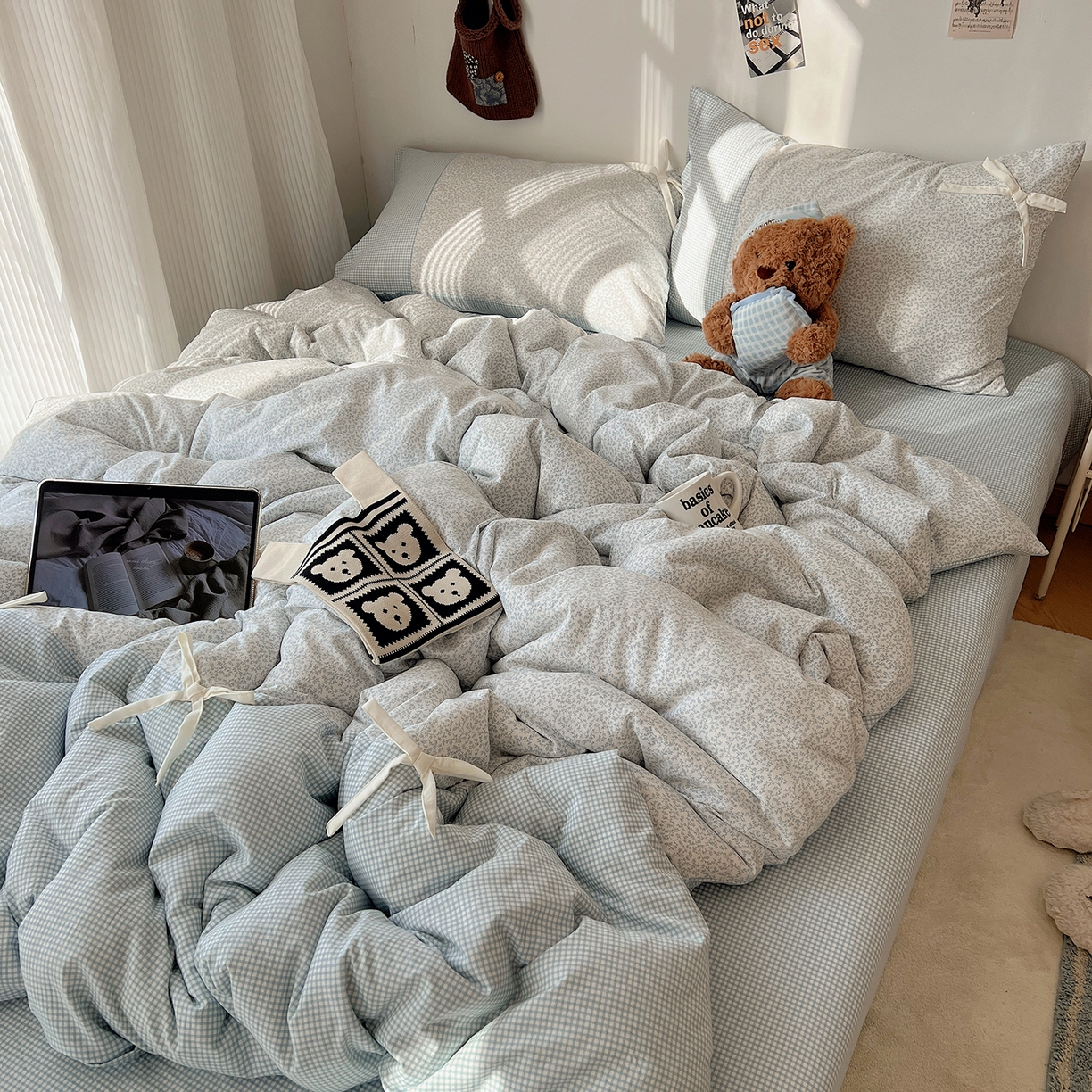 91家纺网 家纺一手货源 找家纺 初夏家纺 2026 公主风蝴蝶结A类古法水洗仿棉四件套床上用品三件套被套床单【提供买家秀】 公主蝴蝶结-蓝