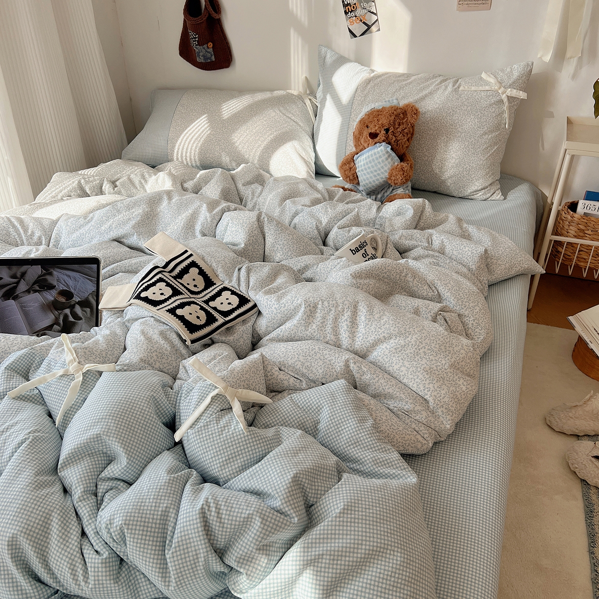 91家纺网 家纺一手货源 找家纺 初夏家纺 2026 公主风蝴蝶结A类古法水洗仿棉四件套床上用品三件套被套床单【提供买家秀】 公主蝴蝶结-蓝