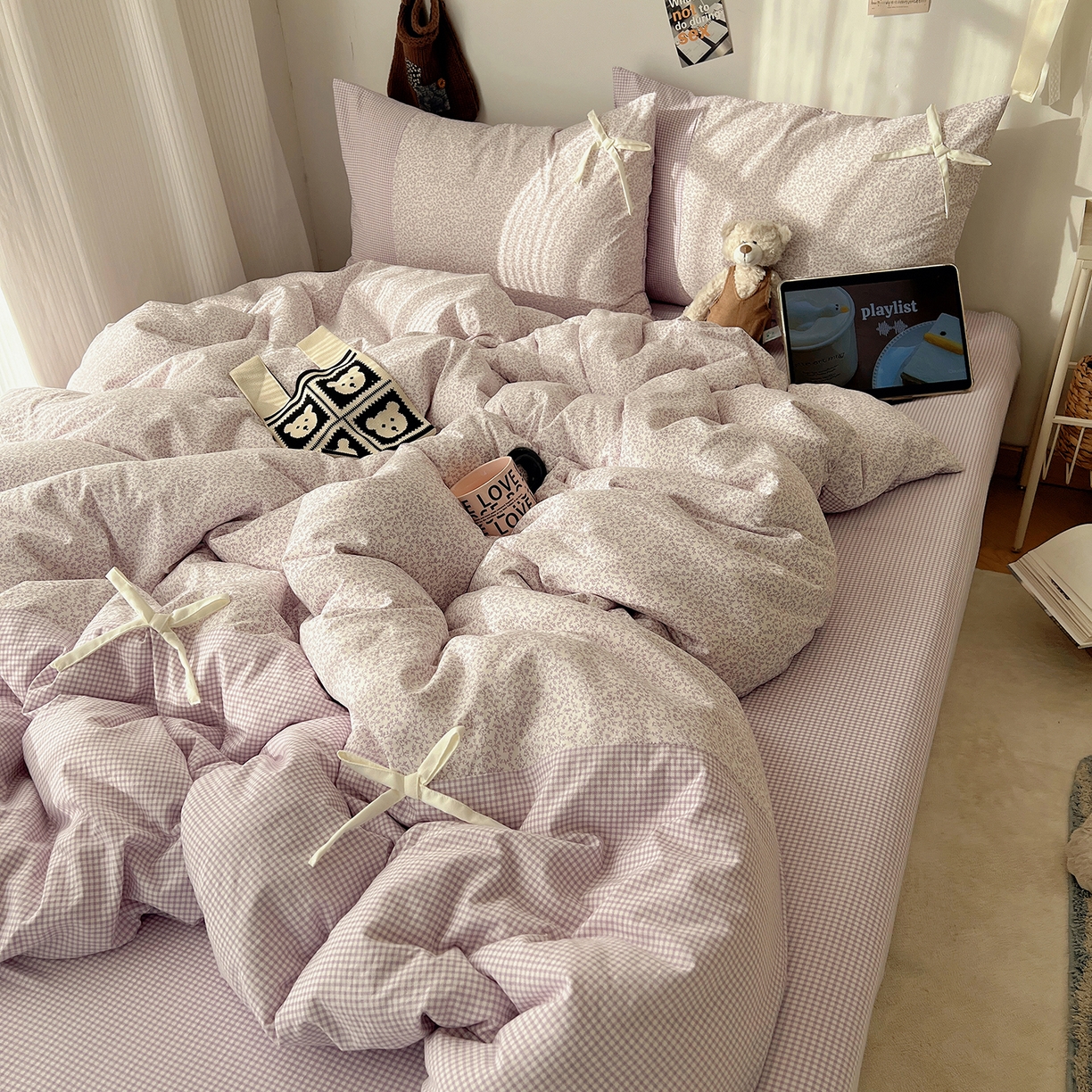 91家纺网 家纺一手货源 找家纺 初夏家纺 2026 公主风蝴蝶结A类古法水洗仿棉四件套床上用品三件套被套床单【提供买家秀】 公主蝴蝶结-紫