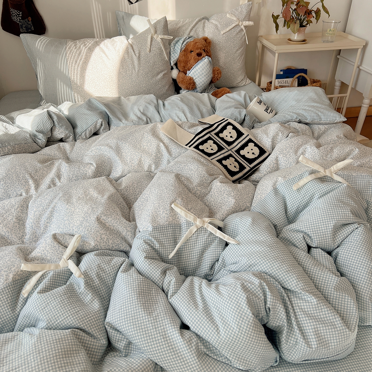 初夏家纺 2026 公主风蝴蝶结A类古法水洗仿棉四件套床上用品三件套被套床单【提供买家秀】 公主蝴蝶结-蓝