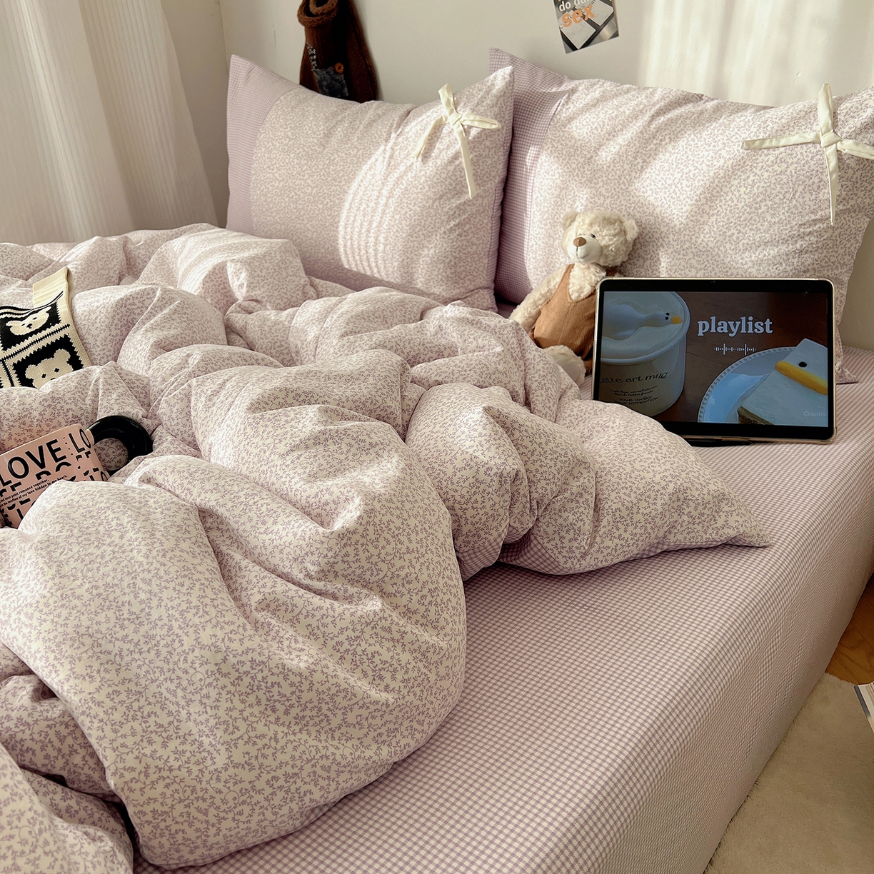 91家纺网 家纺一手货源 找家纺 初夏家纺 2026 公主风蝴蝶结A类古法水洗仿棉四件套床上用品三件套被套床单【提供买家秀】 公主蝴蝶结-紫