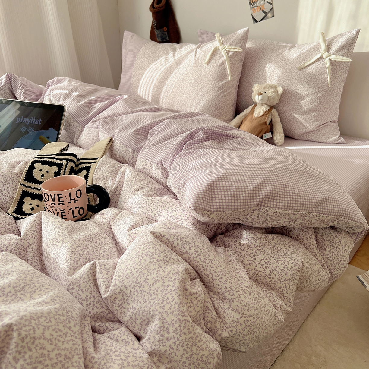 91家纺网 家纺一手货源 找家纺 初夏家纺 2026 公主风蝴蝶结A类古法水洗仿棉四件套床上用品三件套被套床单【提供买家秀】 公主蝴蝶结-紫