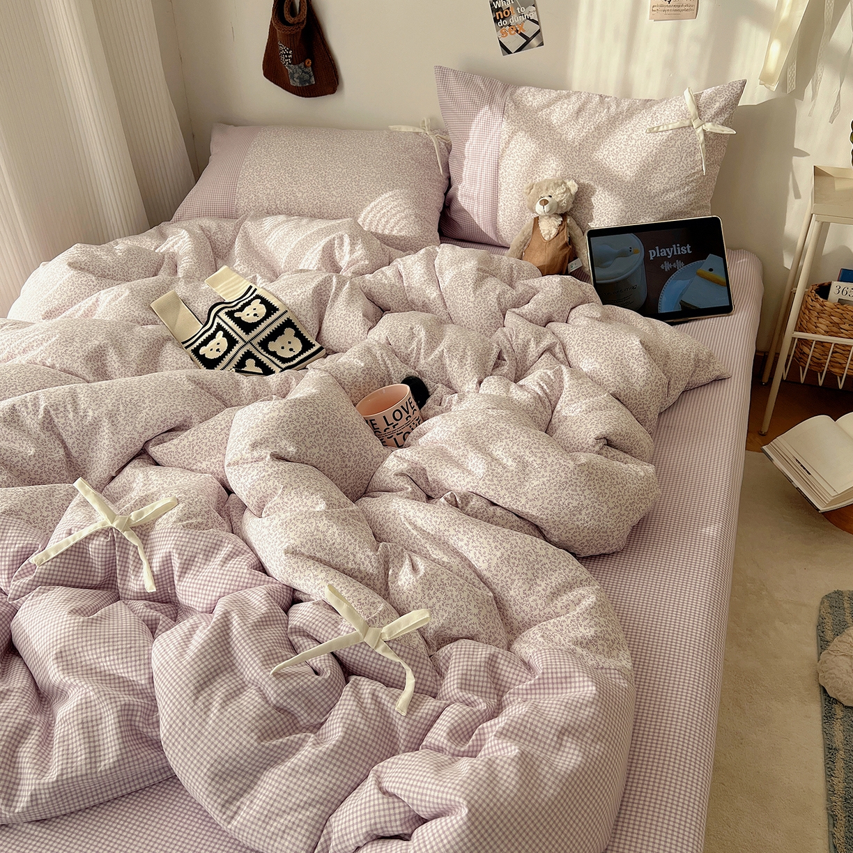 91家纺网 家纺一手货源 找家纺 初夏家纺 2026 公主风蝴蝶结A类古法水洗仿棉四件套床上用品三件套被套床单【提供买家秀】 公主蝴蝶结-紫