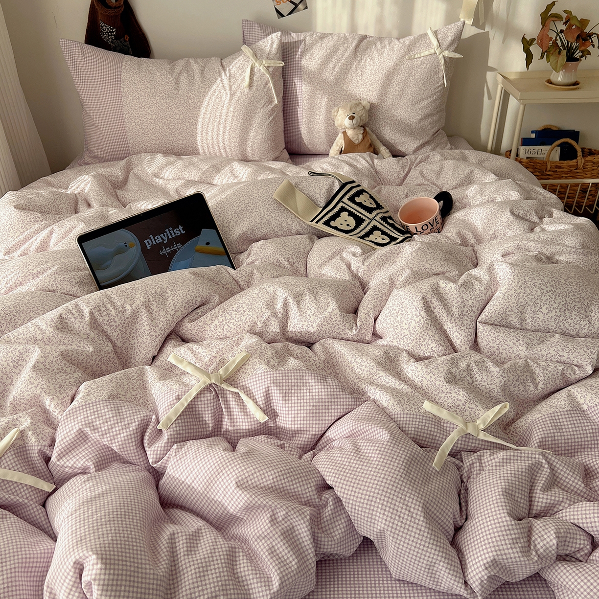 91家纺网 家纺一手货源 找家纺 初夏家纺 2026 公主风蝴蝶结A类古法水洗仿棉四件套床上用品三件套被套床单【提供买家秀】 公主蝴蝶结-紫