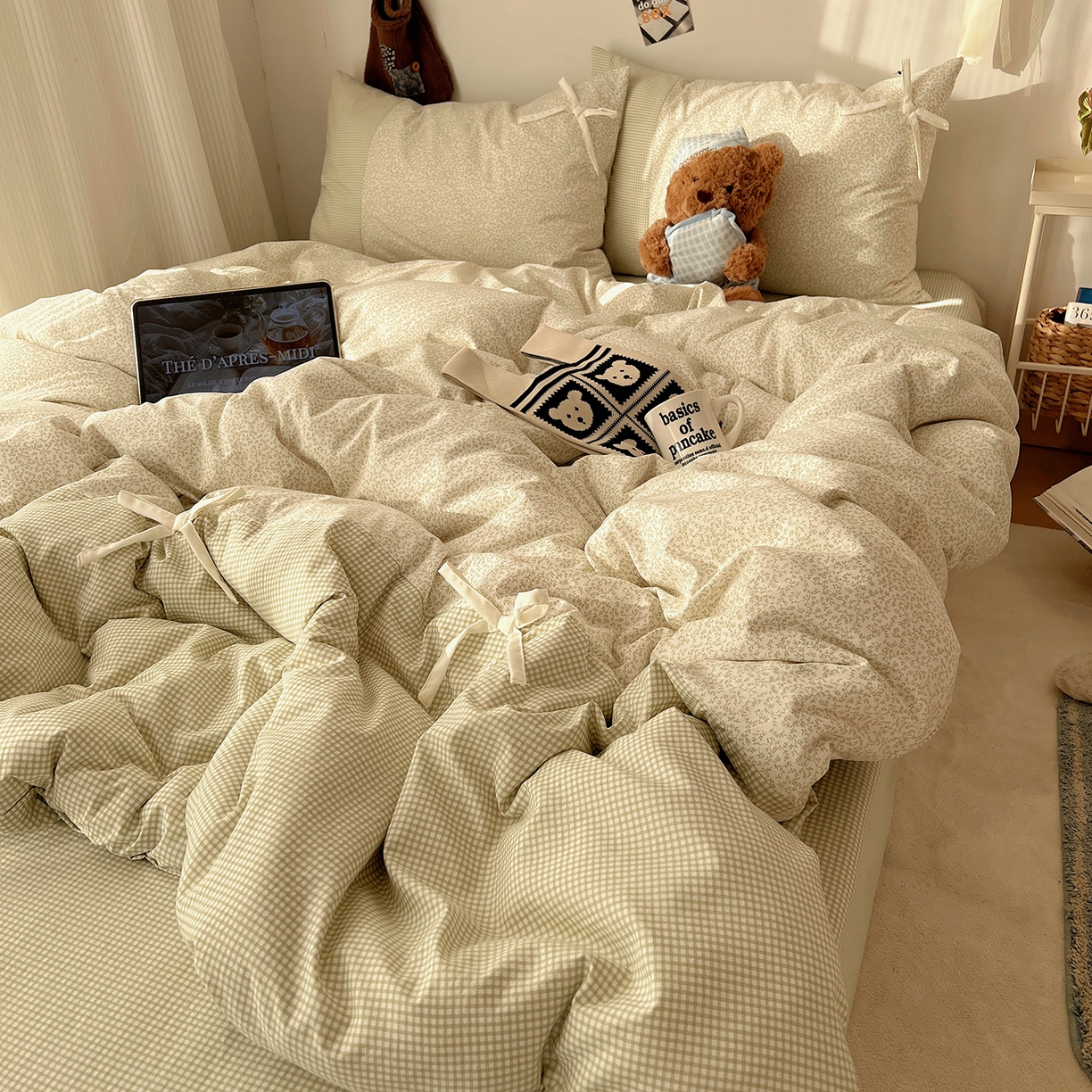 91家纺网 家纺一手货源 找家纺 初夏家纺 2026 公主风蝴蝶结A类古法水洗仿棉四件套床上用品三件套被套床单【提供买家秀】 公主蝴蝶结-绿