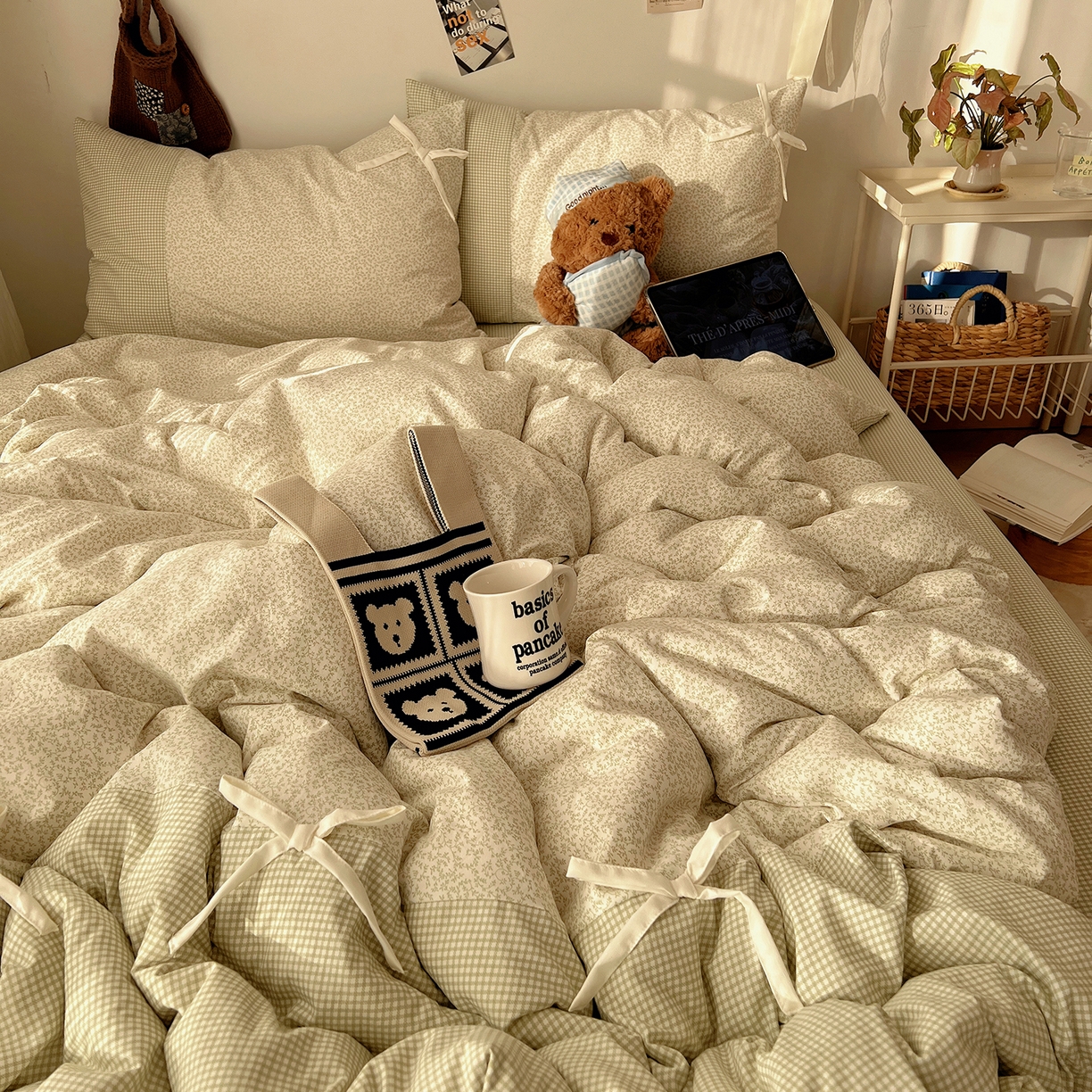 91家纺网 家纺一手货源 找家纺 初夏家纺 2026 公主风蝴蝶结A类古法水洗仿棉四件套床上用品三件套被套床单【提供买家秀】 公主蝴蝶结-绿