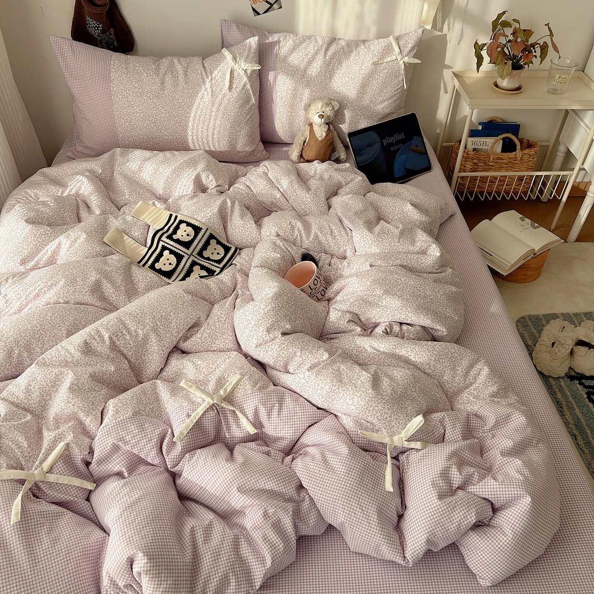 91家纺网 家纺一手货源 找家纺 初夏家纺 2026 公主风蝴蝶结A类古法水洗仿棉四件套床上用品三件套被套床单【提供买家秀】 公主蝴蝶结-紫